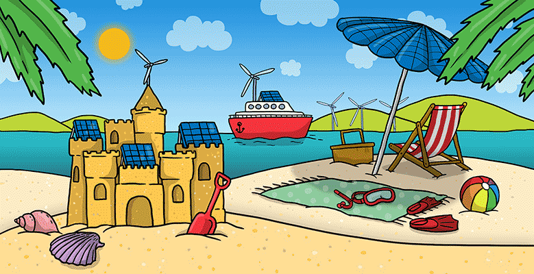 Cartoon picture of a beach with sand castle, boat, and lounge chair