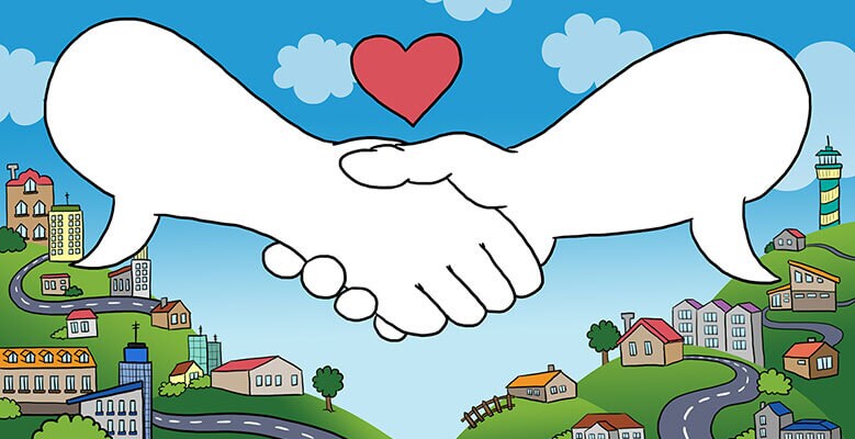 An image of a hand shake with a heart over them and a community under them