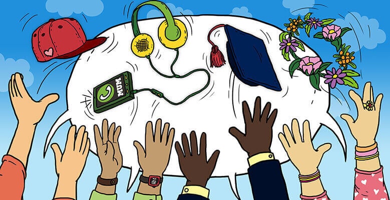 Image of hands reaching for a hat, earphones, grad hat in the air