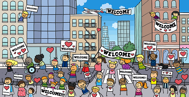 Illustration of city street with people holding welcome signs