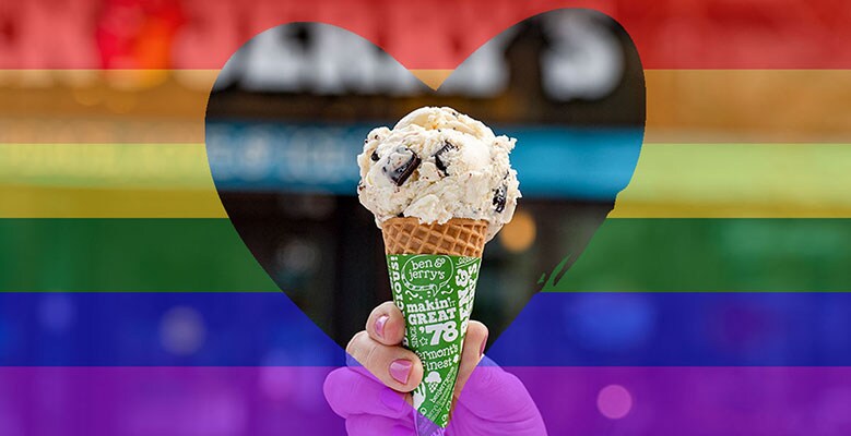 Ben & Jerry's ice cream cone in a heart with Pride rainbow stripes